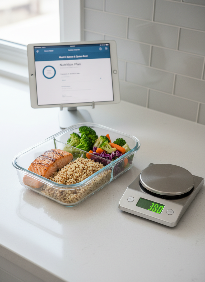 A clean kitchen countertop scene emphasizing personalized nutrition, with a transparent meal prep container showcasing perfectly portioned grilled salmon, quinoa, and colorful steamed vegetables, each compartment clearly visible. Next to it sits a stainless steel digital food scale with glowing numbers, and a tablet propped upright displaying a blurred nutrition plan interface. The counter is smooth white quartz, and a subtle backsplash of pale gray tiles adds depth. Natural daylight streams in from the left, creating soft highlights on the glass and metal surfaces. Photographic realism, shot from a three-quarter overhead angle with sharp detail, evokes a mood of discipline, health, and clarity, ideal for illustrating customized meal plans from an online fitness coach.