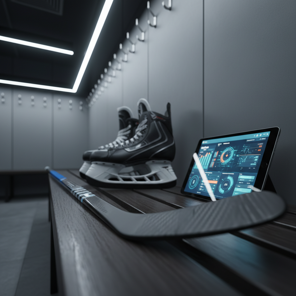 A close-up of professional sports-level training gear laid out precisely on a dark locker room bench: a pristine composite hockey stick with intricate carbon fiber pattern, freshly sharpened black steel blades on skates placed neatly side by side, and a digital tablet resting nearby with a blurred training analytics dashboard on screen. The environment is a modern, well-lit locker room with matte gray walls and metallic hooks in the soft-focus background. Overhead LED lighting casts clear, controlled shadows, emphasizing textures of carbon fiber, polished steel, and synthetic materials. Photographic realism with a cinematic, slightly low-angle composition conveys intensity, performance, and the bridge between elite sport and online coaching.