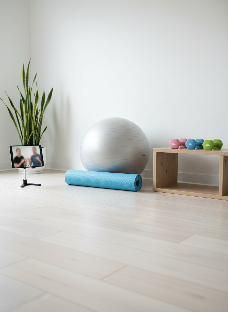 A serene rehabilitation-focused training space with a light gray stability ball, a neatly rolled sky-blue yoga mat, and a set of color-coded light dumbbells arranged on a low wooden shelf. On a nearby tablet stand, a screen shows an out-of-focus video call interface, hinting at remote coaching for injury prevention and recovery. The room features pale wooden flooring and a soft white wall with a single green plant in the corner, adding freshness. Diffused overcast daylight fills the room evenly, eliminating harsh shadows. Photographic realism, captured at eye level with balanced sharpness throughout, creates a calm, reassuring, and professional mood suited for clients recovering from injuries or seeking gentle functional training online.