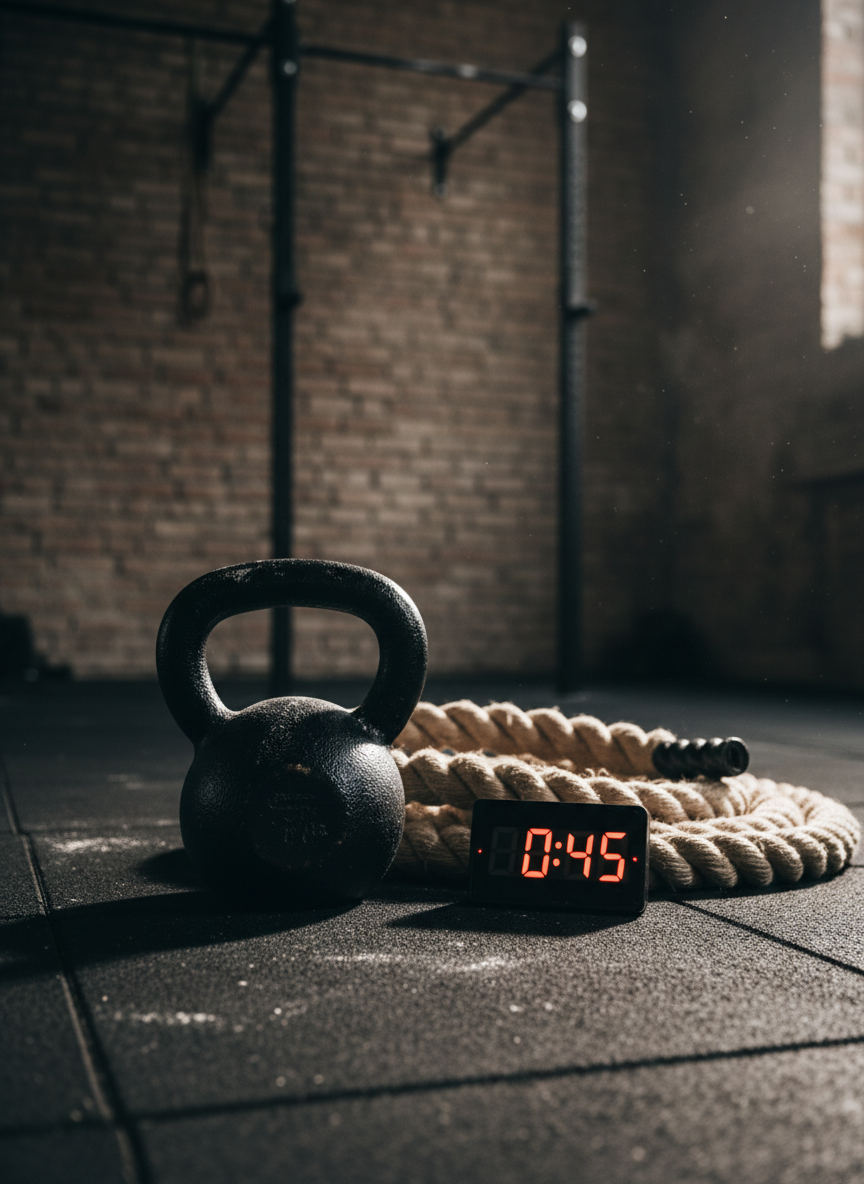An intense functional training scene focused entirely on equipment: a heavy black kettlebell with chalk dust on its handle, a thick battle rope coiled with visible fibers, and a timer device with glowing red numbers, all arranged on a slightly worn rubber gym floor. The background is a dim, industrial-style training space with exposed brick and a distant pull-up rig softly blurred. Strong directional lighting from the right creates dramatic highlights and deep shadows, emphasizing the rugged textures and conveying power. Photographic realism with a low-angle, close-up composition and shallow depth of field captures a bold, dynamic mood perfect for showcasing advanced functional training in an online fitness program.