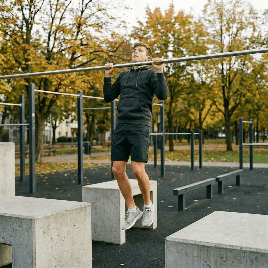 A young woman jumping between concrete blocks at an outdoor fitness park in autumn.