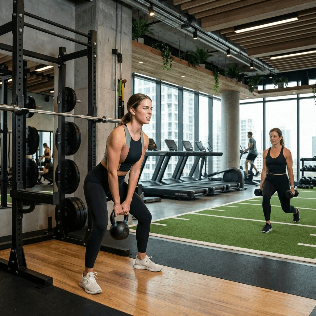 Woman performing a kettlebell deadlift and another woman doing lunges in a modern gym.