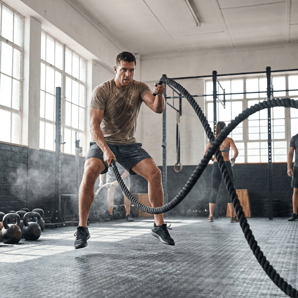 Man performing an explosive battle rope exercise in a brightly lit industrial gym.