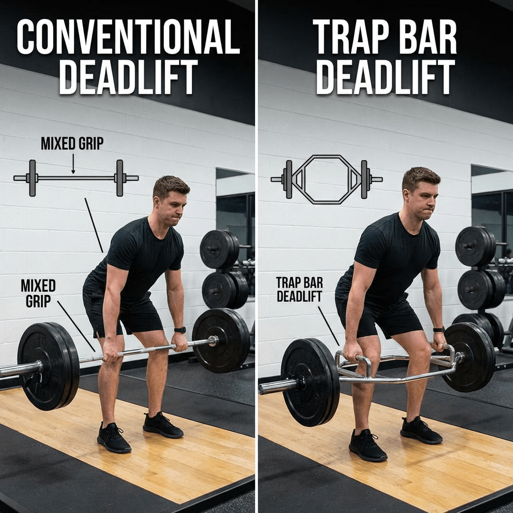 Side-by-side comparison labeled CONVENTIONAL DEADLIFT with MIXED GRIP versus TRAP BAR DEADLIFT.